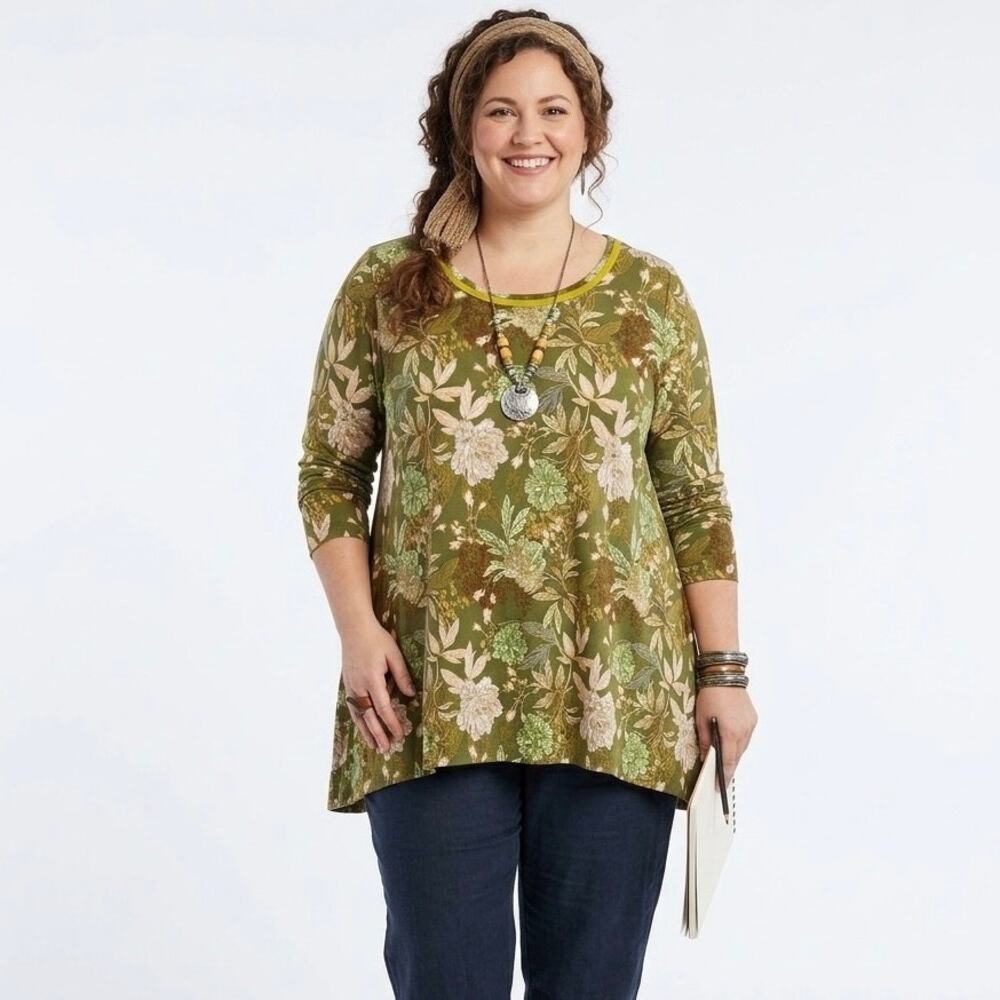 LOGO LORI GOLDSTEIN Women's Plus 2X Rayon Tunic Blouse Top Green Floral Artsy